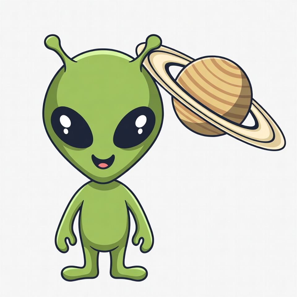 Cute green alien with Saturn Cute green alien with Saturn