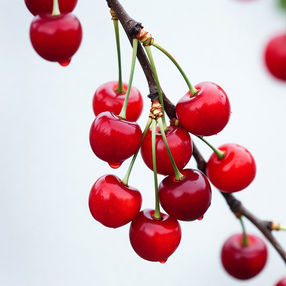 Ripe red cherries on branch Ripe red cherries on branch
