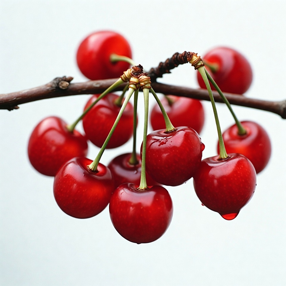 Fresh red cherries on branch Fresh red cherries on branch
