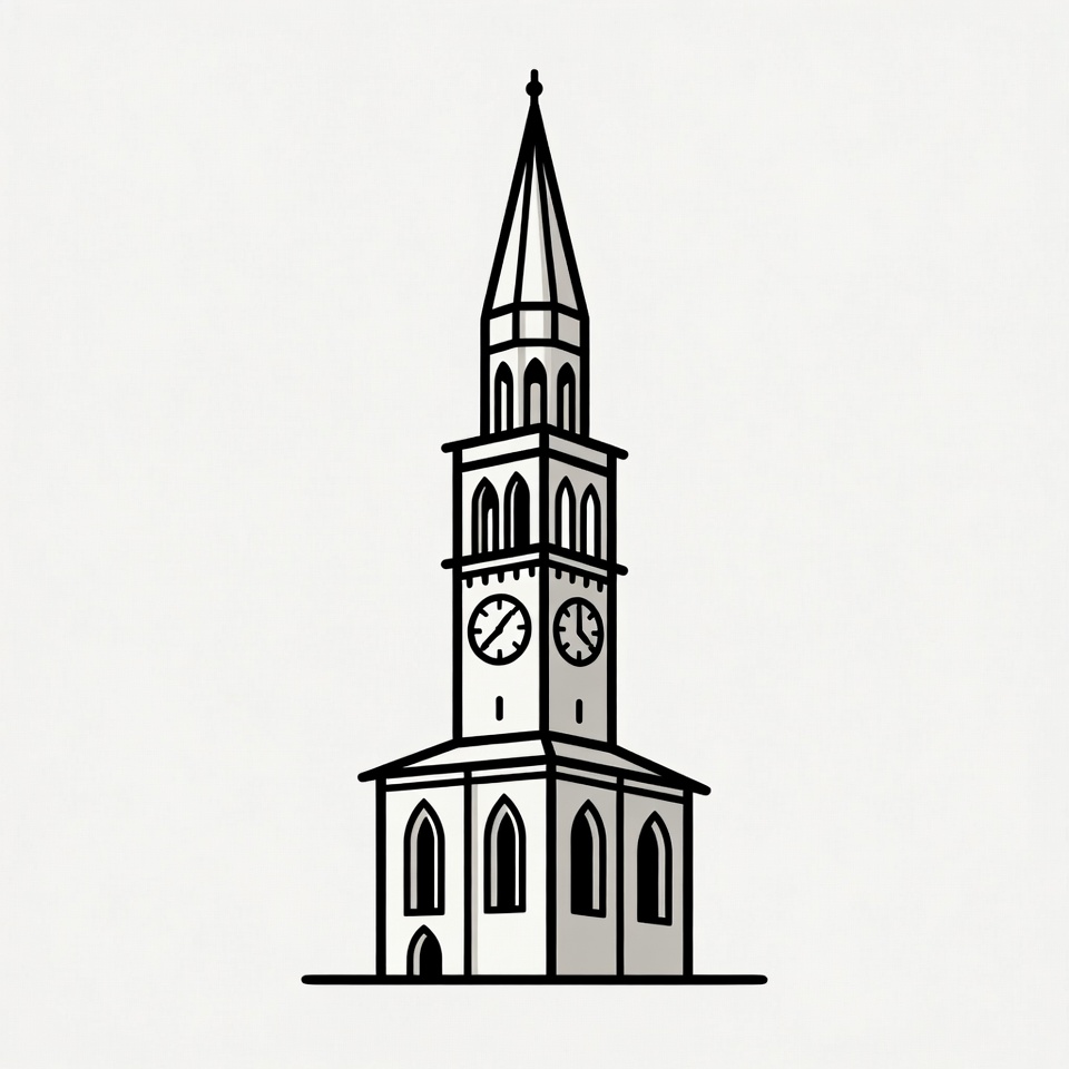 Line Art Church Tower Clock Line Art Church Tower Clock