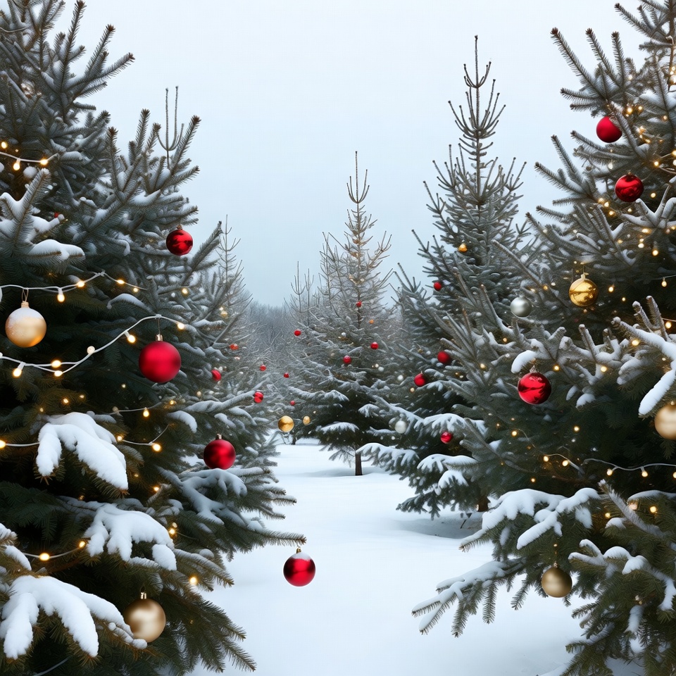 Snowy Christmas Trees with Red Gold Ornaments Snowy Christmas Trees with Red Gold Ornaments