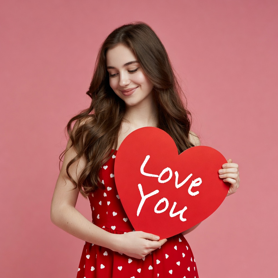 Young woman holding red Love You heart Young woman holding red Love You heart