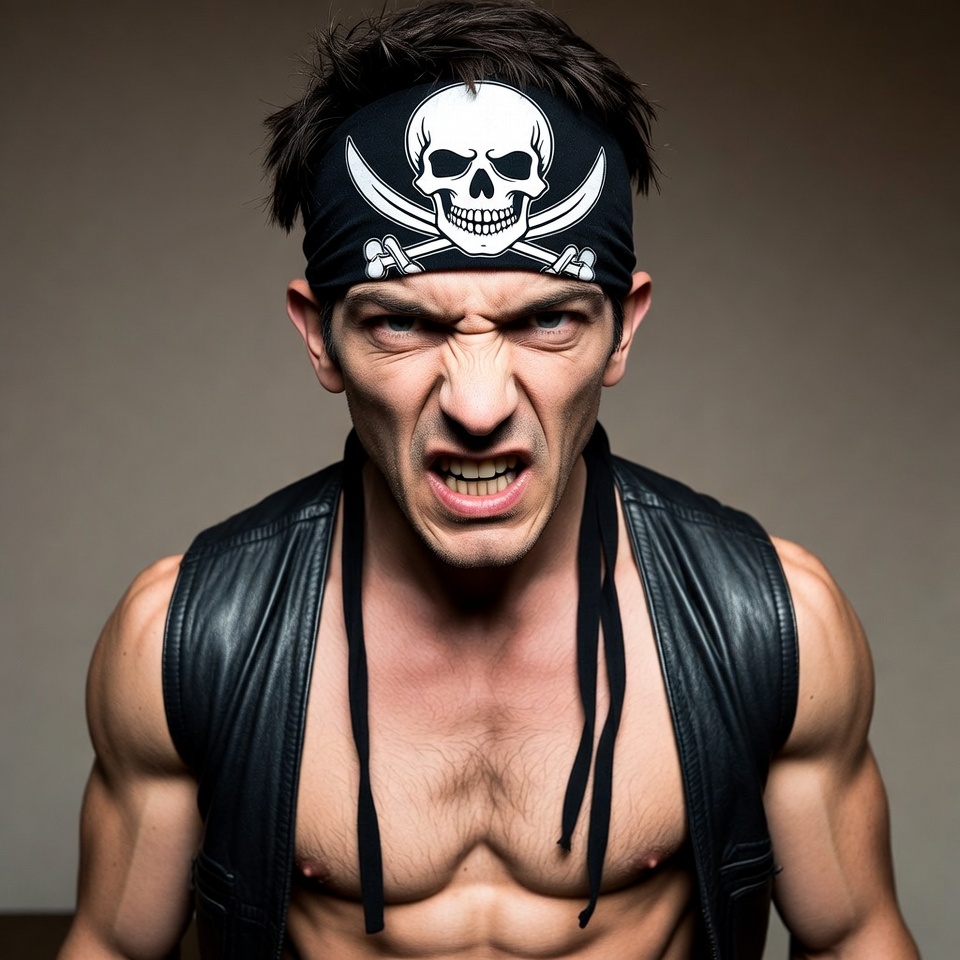Muscular man in skull pirate bandana Muscular man in skull pirate bandana