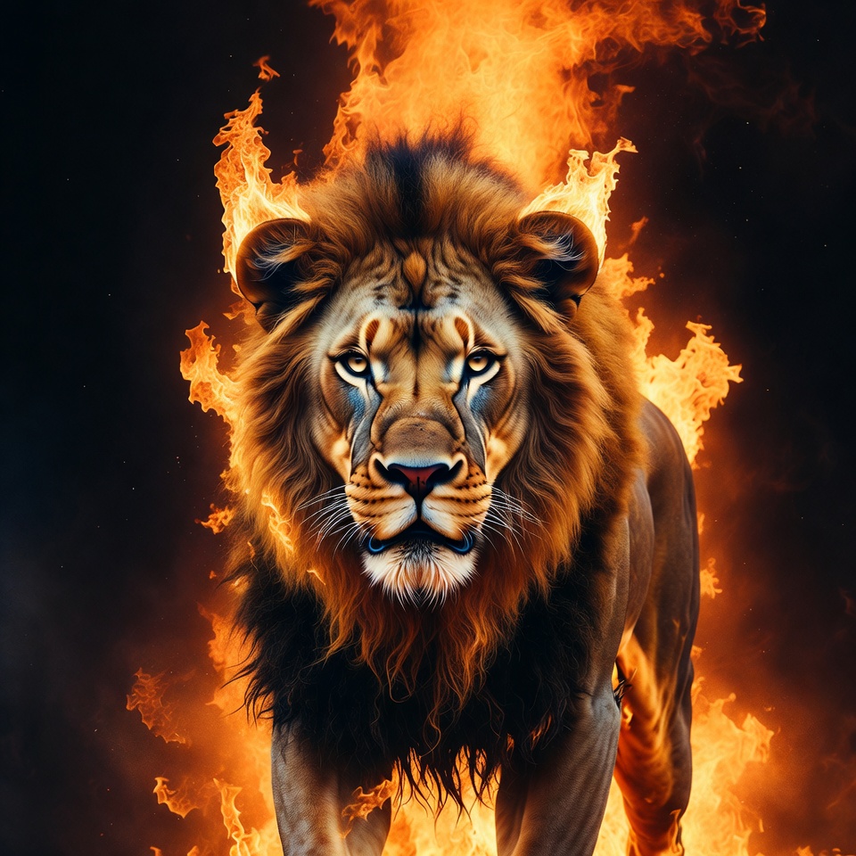 Lion roaring in flames Lion roaring in flames