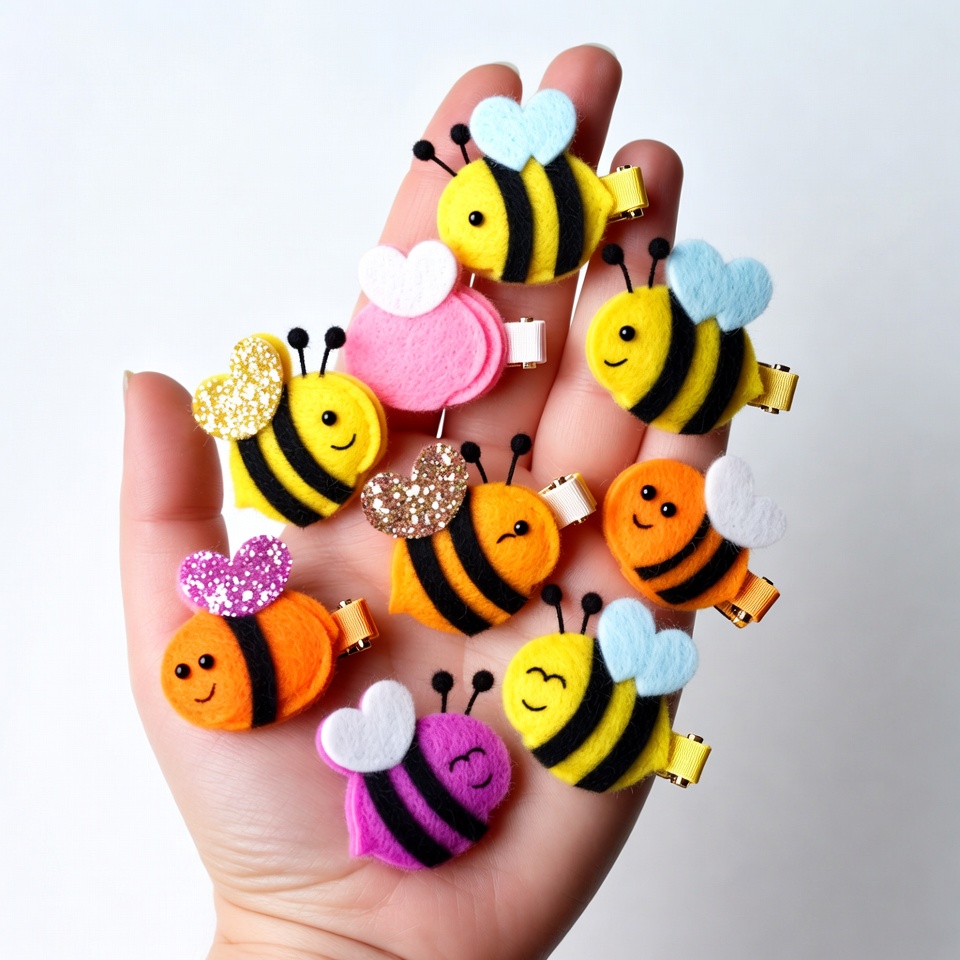 Hand holding colorful felt bee hair clips Hand holding colorful felt bee hair clips