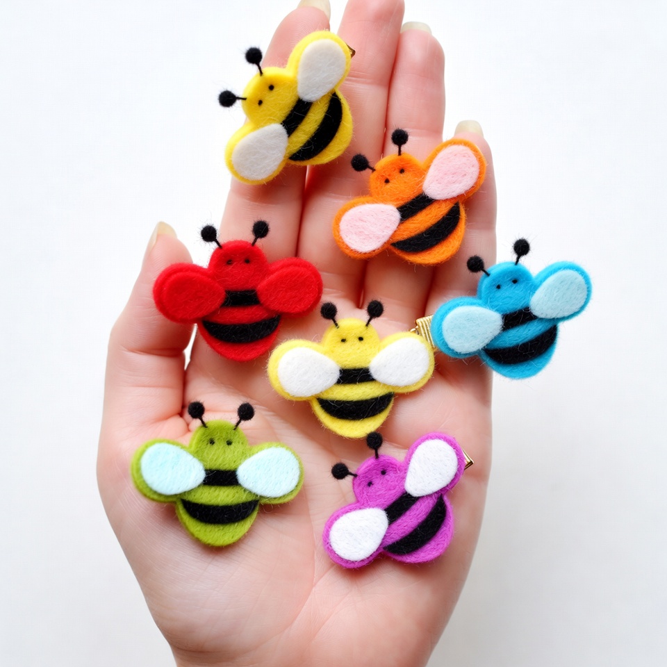 Hand holding colorful felt bee brooches Hand holding colorful felt bee brooches