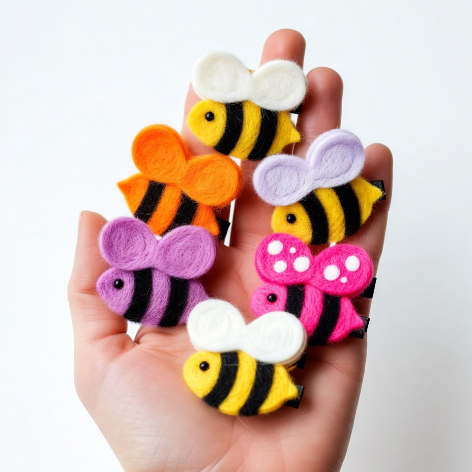 Hand holding colorful felt bee hair clips Hand holding colorful felt bee hair clips