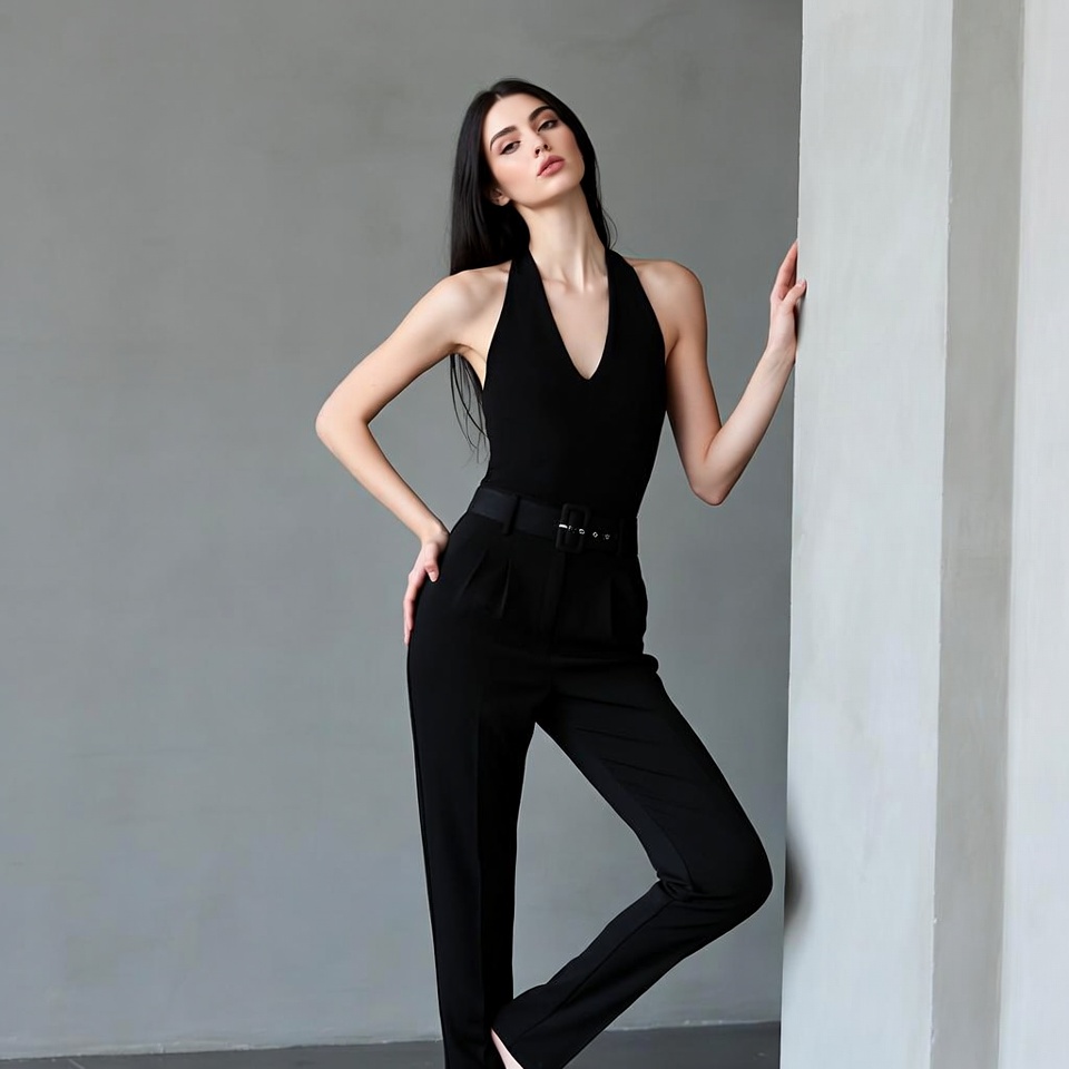Woman in black halter jumpsuit posing Woman in black halter jumpsuit posing