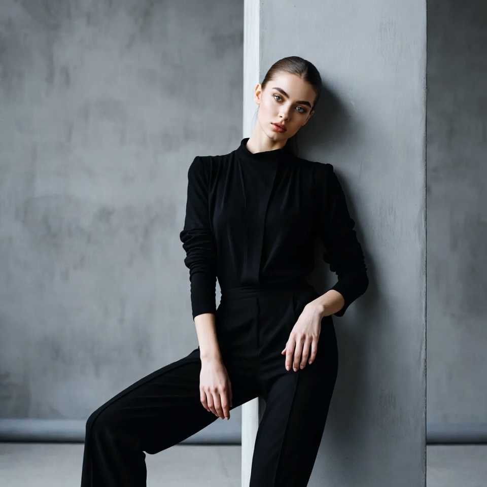 Woman leaning against gray pillar Woman leaning against gray pillar