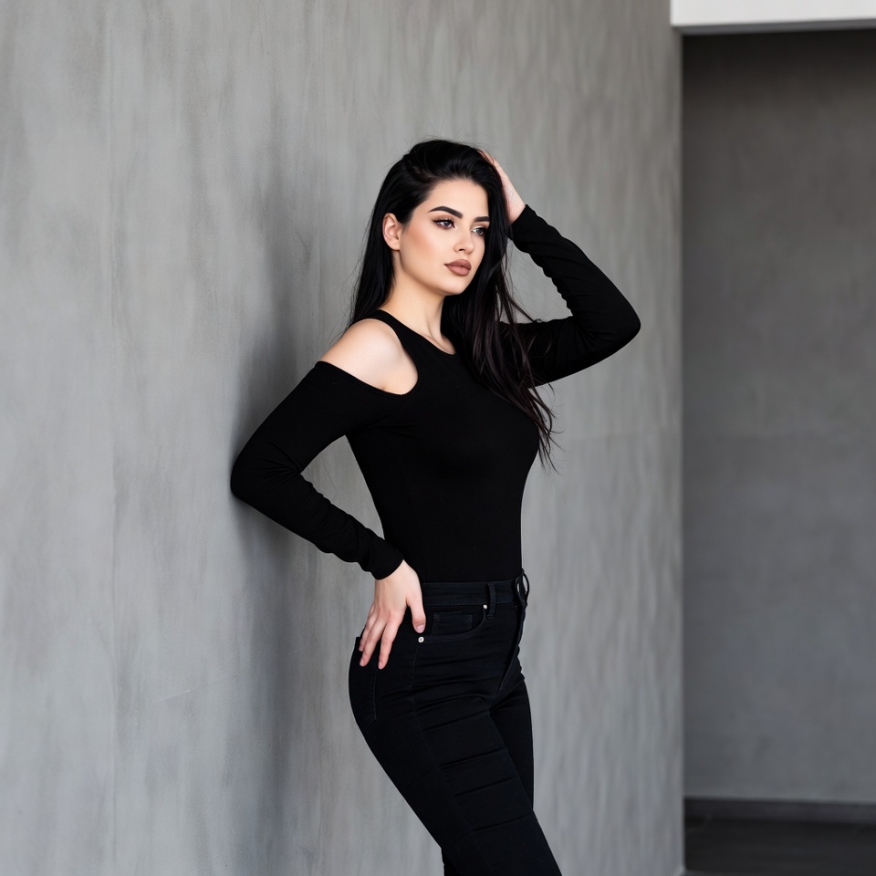 Beautiful woman posing against gray wall Beautiful woman posing against gray wall