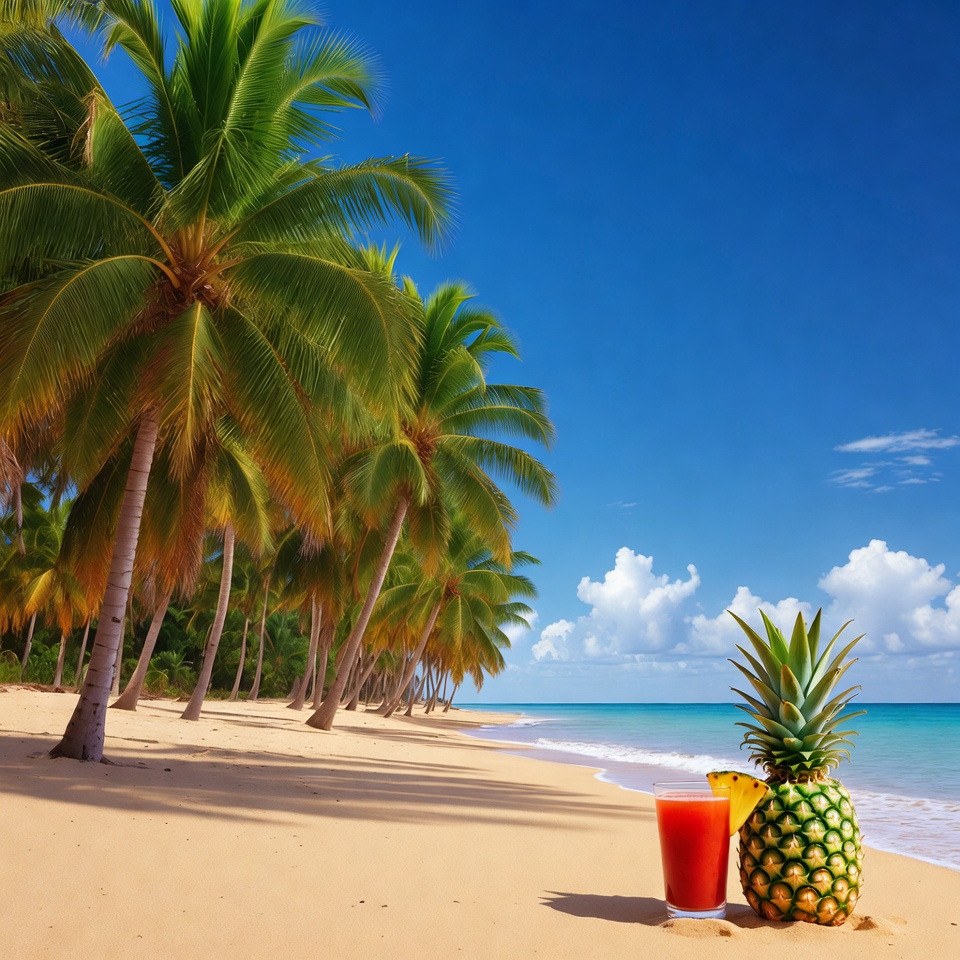 Pineapple and Orange Juice on Tropical Beach Pineapple and Orange Juice on Tropical Beach