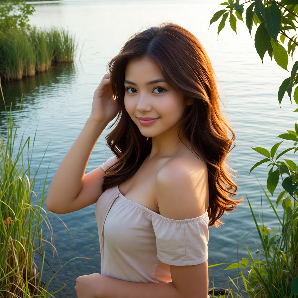 Asian woman by lake at sunset Asian woman by lake at sunset