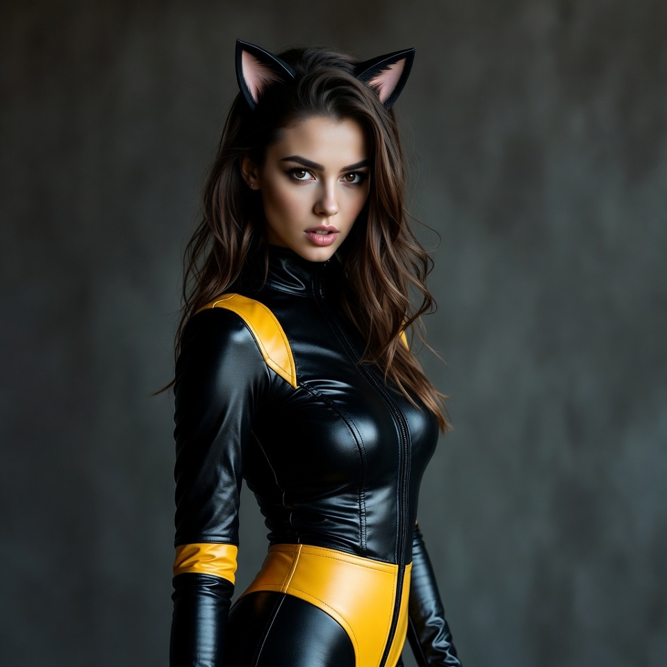 Woman in black yellow catsuit with cat ears Woman in black yellow catsuit with cat ears