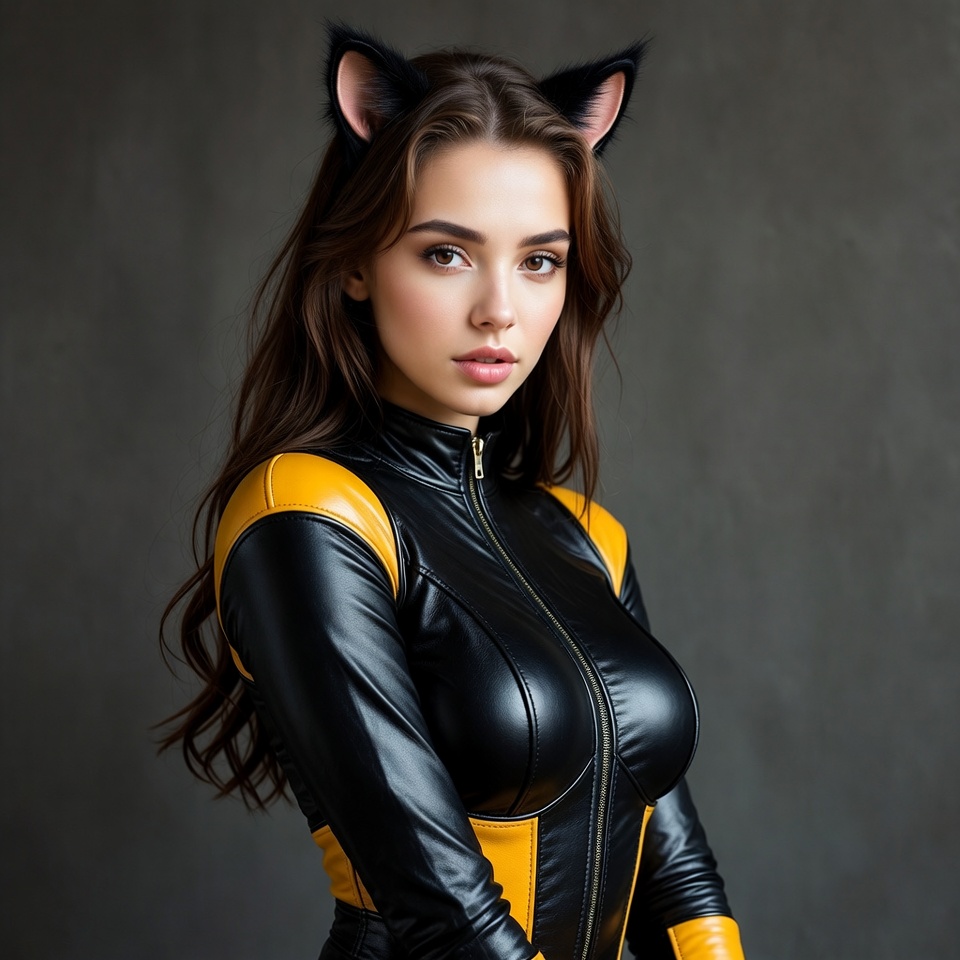 Woman in black yellow catsuit with cat ears Woman in black yellow catsuit with cat ears