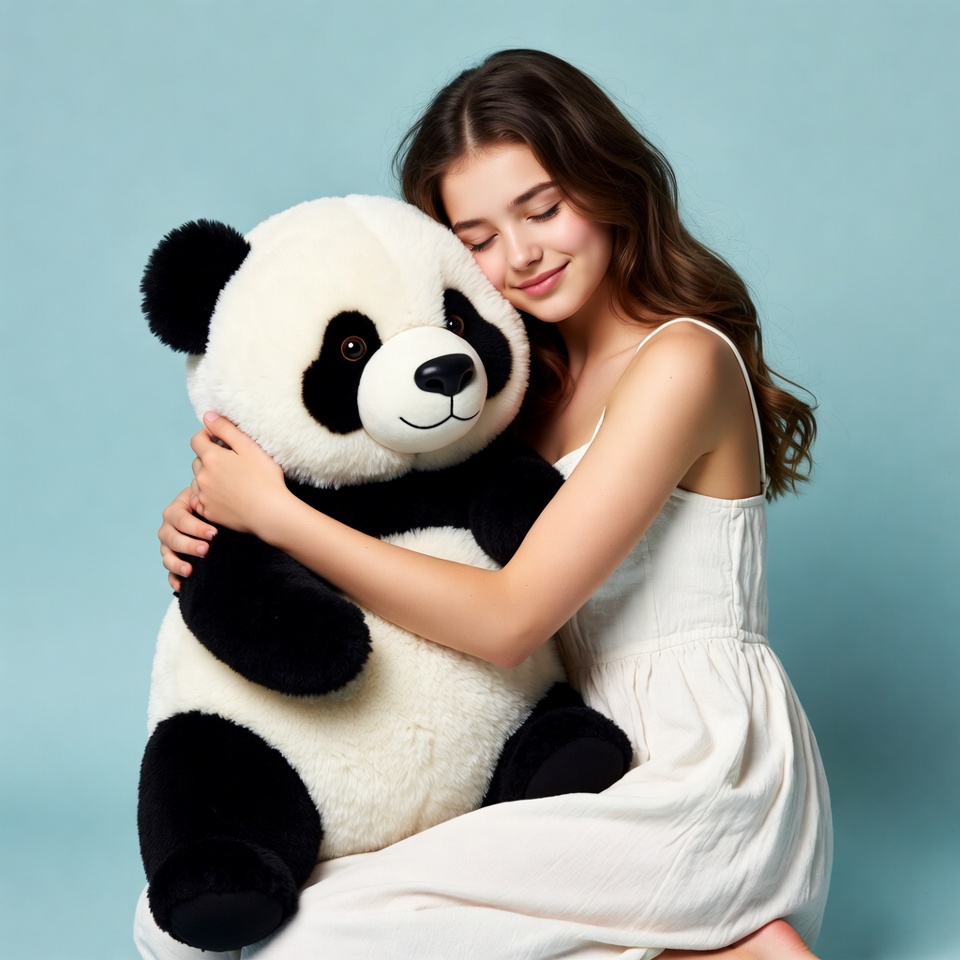 Girl hugging giant panda teddy bear Girl hugging giant panda teddy bear