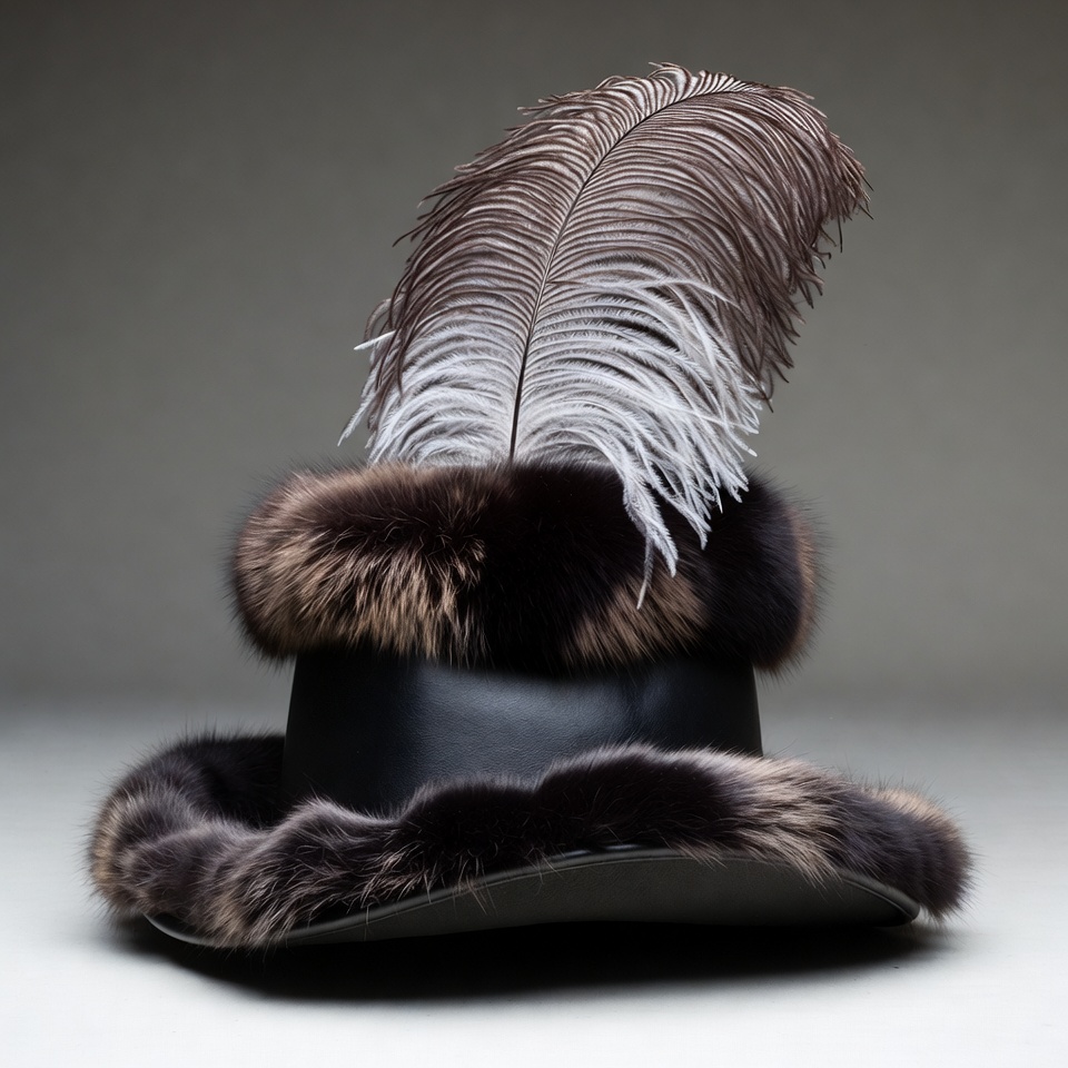 Black fur-trimmed hat with feathers Black fur-trimmed hat with feathers