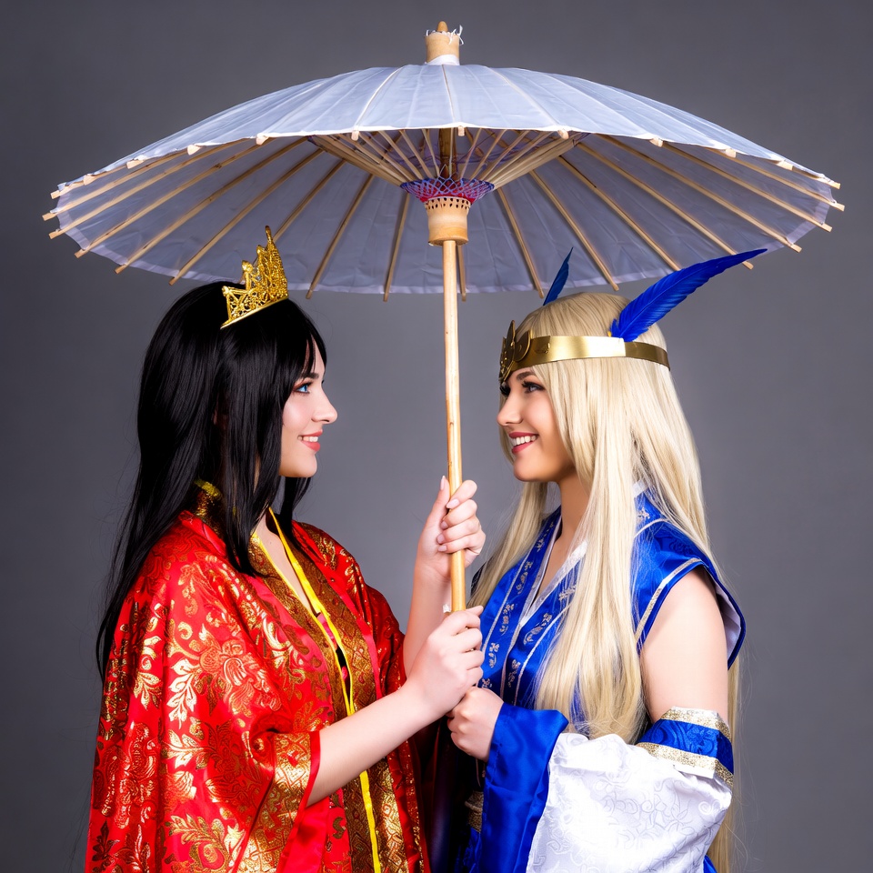 Two women holding Japanese umbrella Two women holding Japanese umbrella