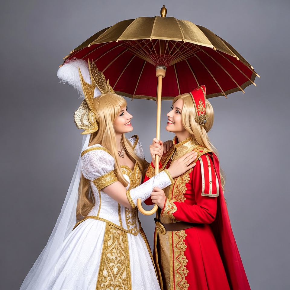 Two blonde women holding cosplay umbrellas Two blonde women holding cosplay umbrellas