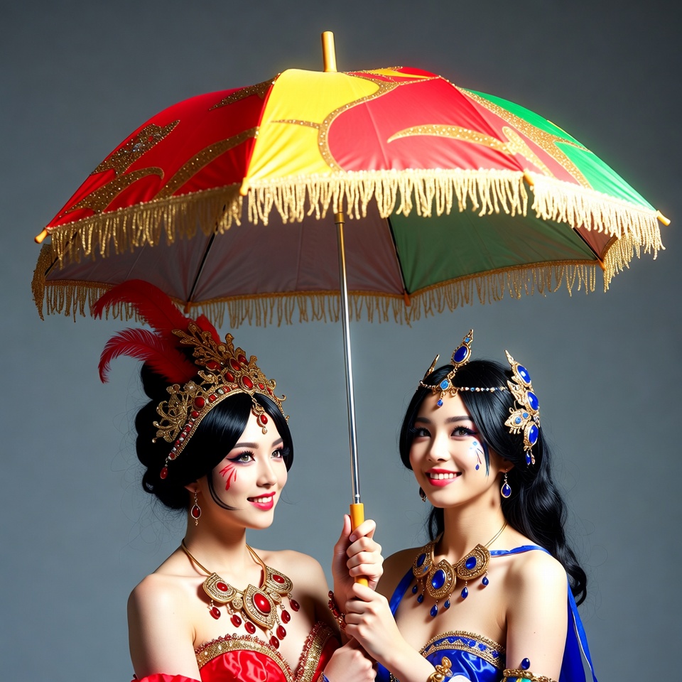Two Asian women holding colorful umbrella Two Asian women holding colorful umbrella
