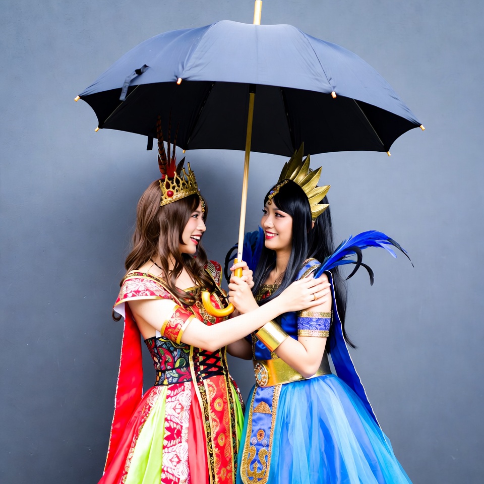 Two Asian women sharing black umbrella Two Asian women sharing black umbrella