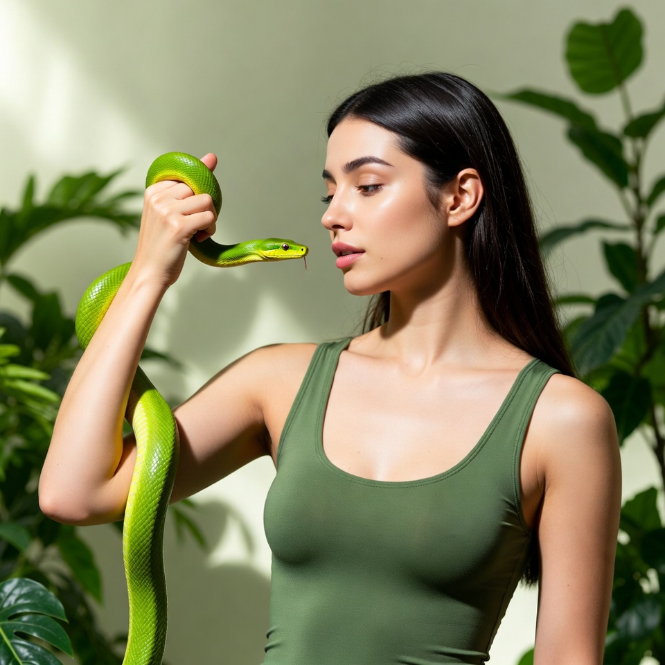 Woman holding green snake Woman holding green snake