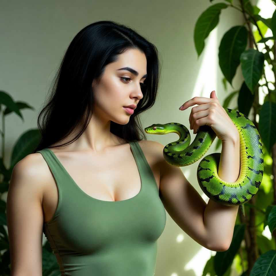 Woman holding green snake Woman holding green snake