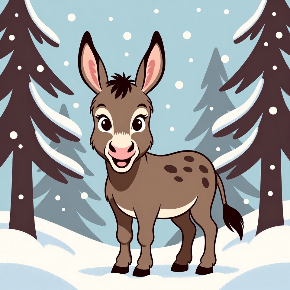 Cute cartoon donkey in snowy forest Cute cartoon donkey in snowy forest