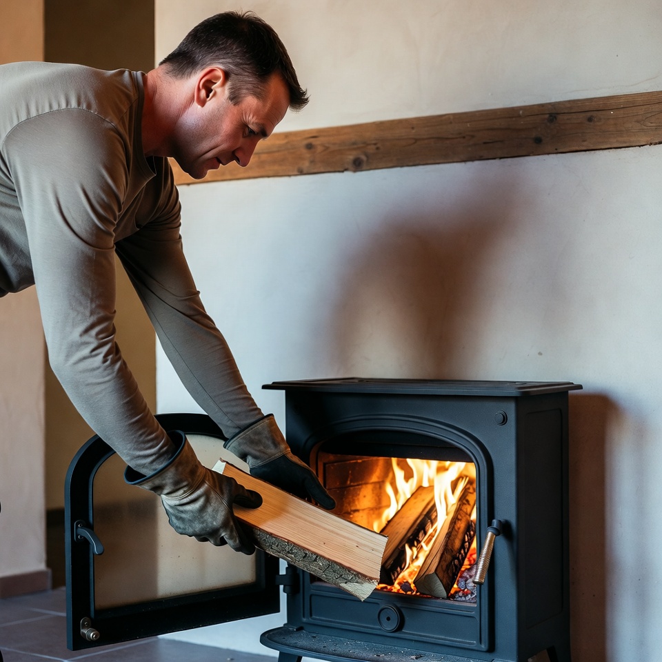 Man adding firewood to fireplace Man adding firewood to fireplace