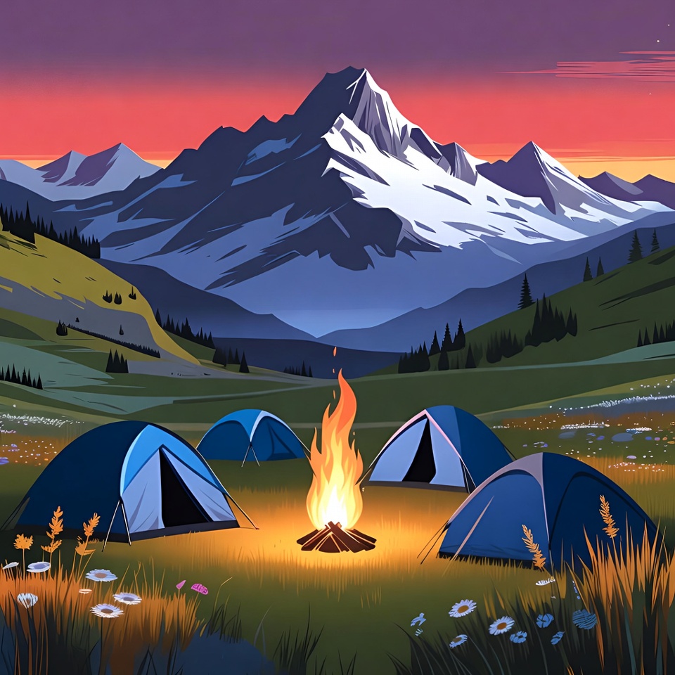 Campfire and Tents in Mountain Landscape Campfire and Tents in Mountain Landscape