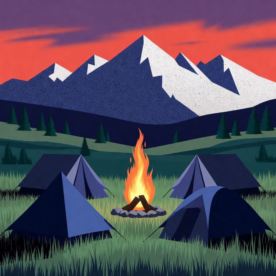 Campfire and Tents in Mountains Campfire and Tents in Mountains