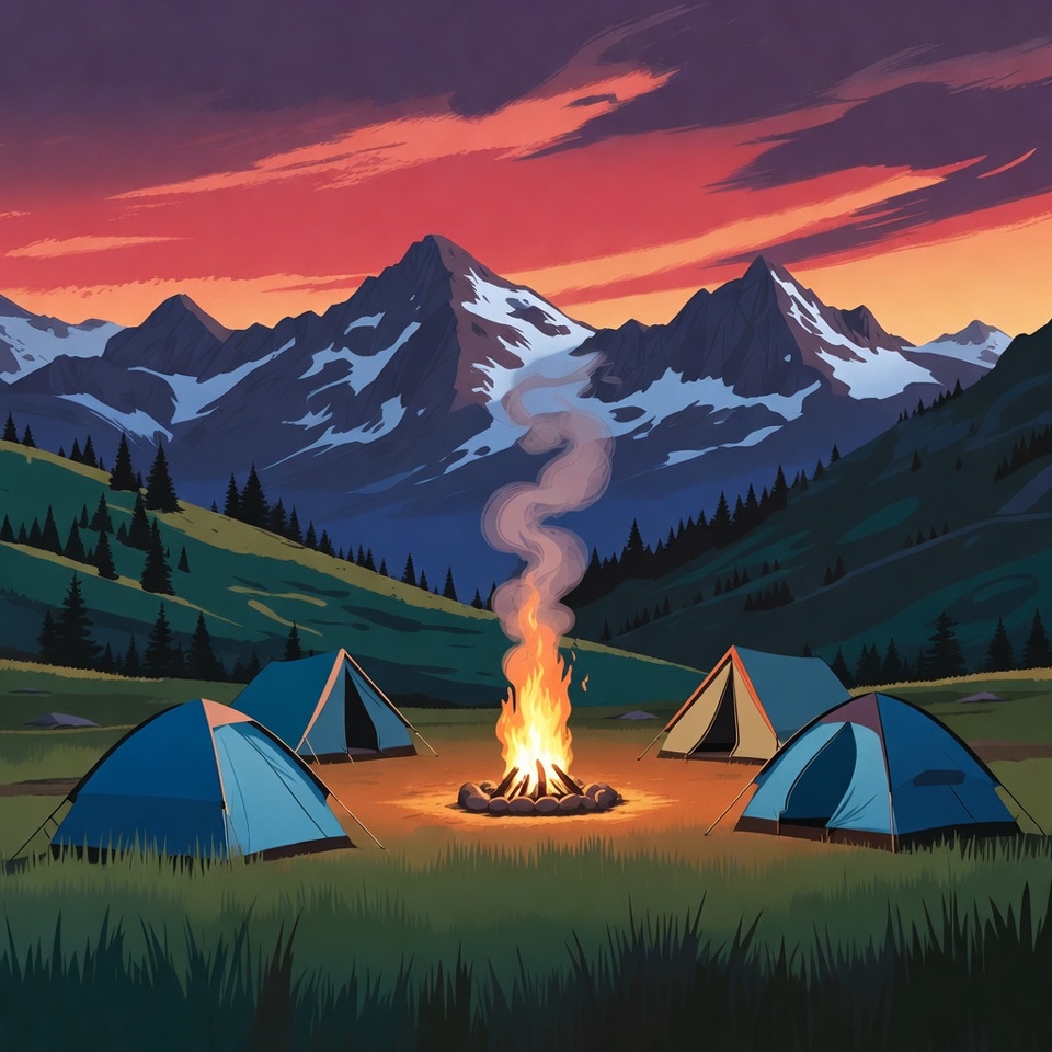 Campfire with Tents in Mountains Campfire with Tents in Mountains