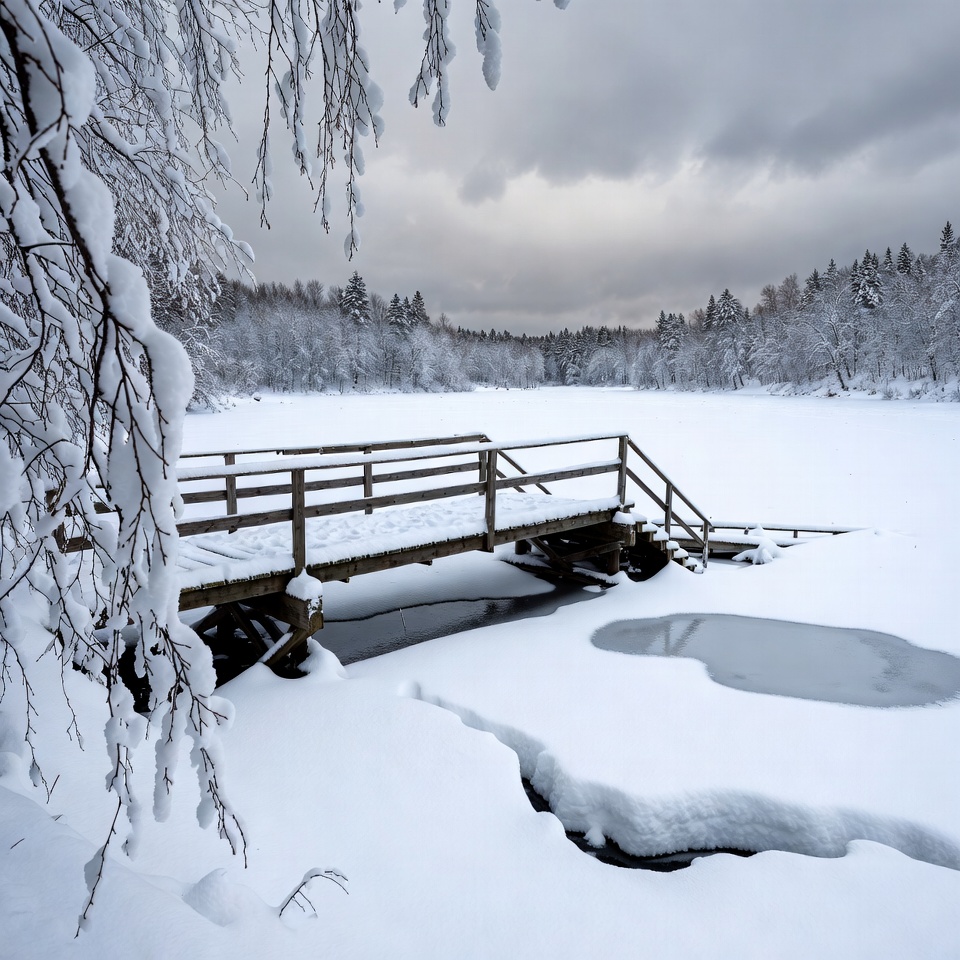 Wooden Bridge Over Snowy Frozen Lake Wooden Bridge Over Snowy Frozen Lake
