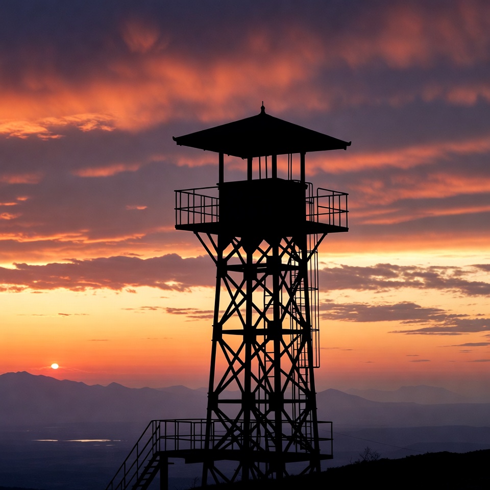 Silhouette watchtower at sunset Silhouette watchtower at sunset