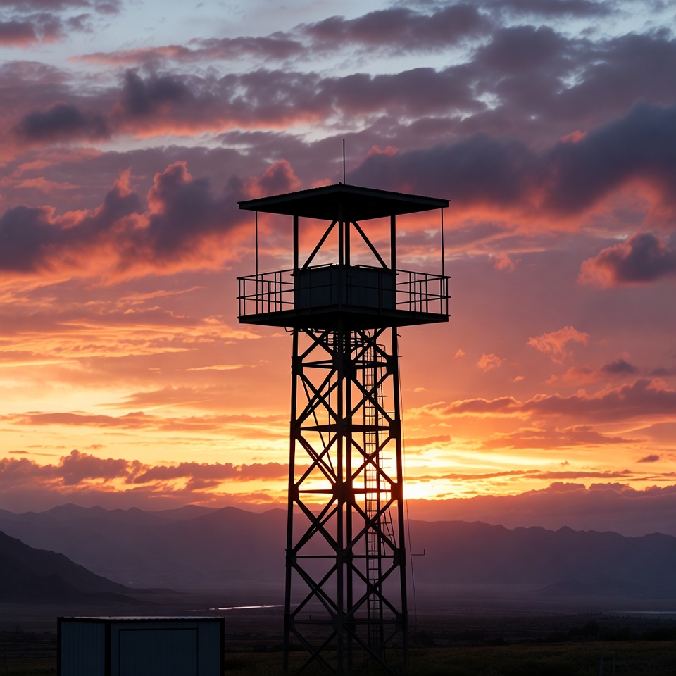 Watchtower silhouetted against sunset Watchtower silhouetted against sunset