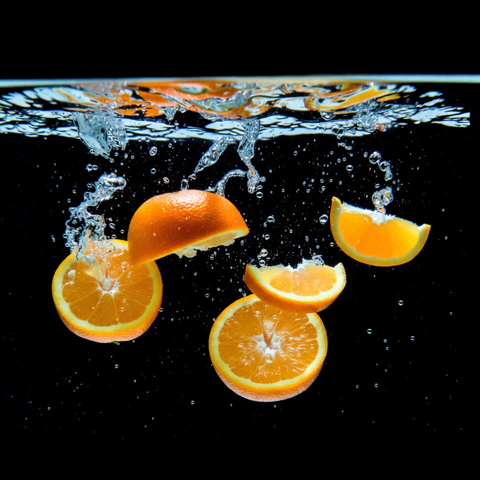 Orange slices splashing in water Orange slices splashing in water