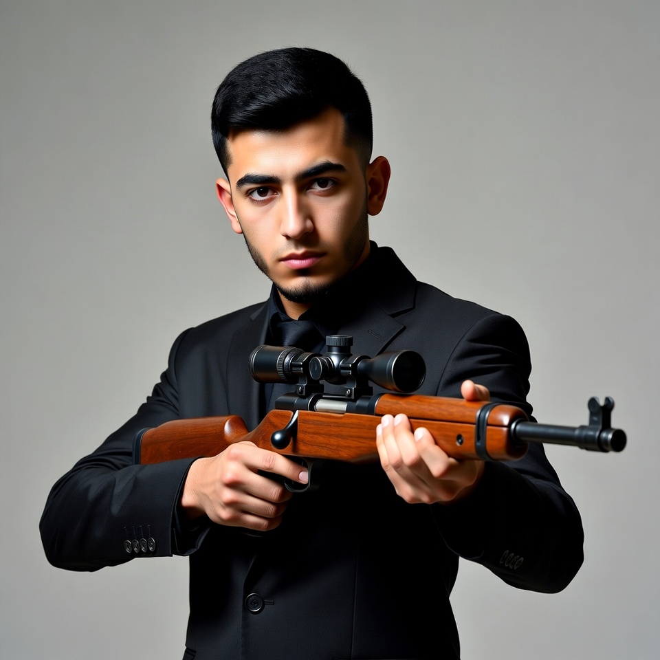 Young man holding rifle in suit Young man holding rifle in suit