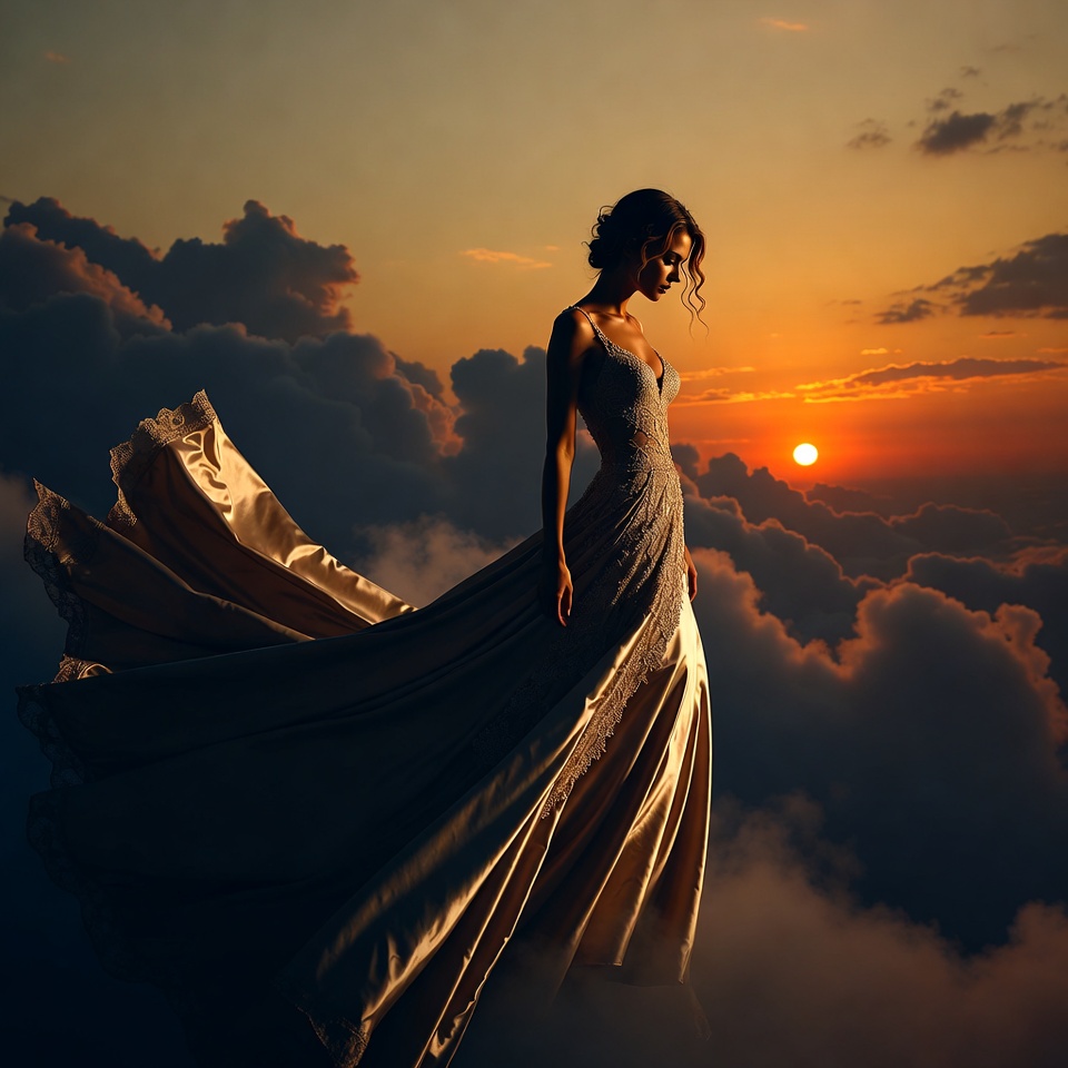 Woman in flowing gown among sunset clouds Woman in flowing gown among sunset clouds