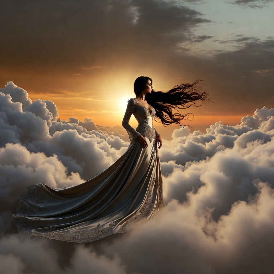 Woman in flowing gown among sunset clouds Woman in flowing gown among sunset clouds