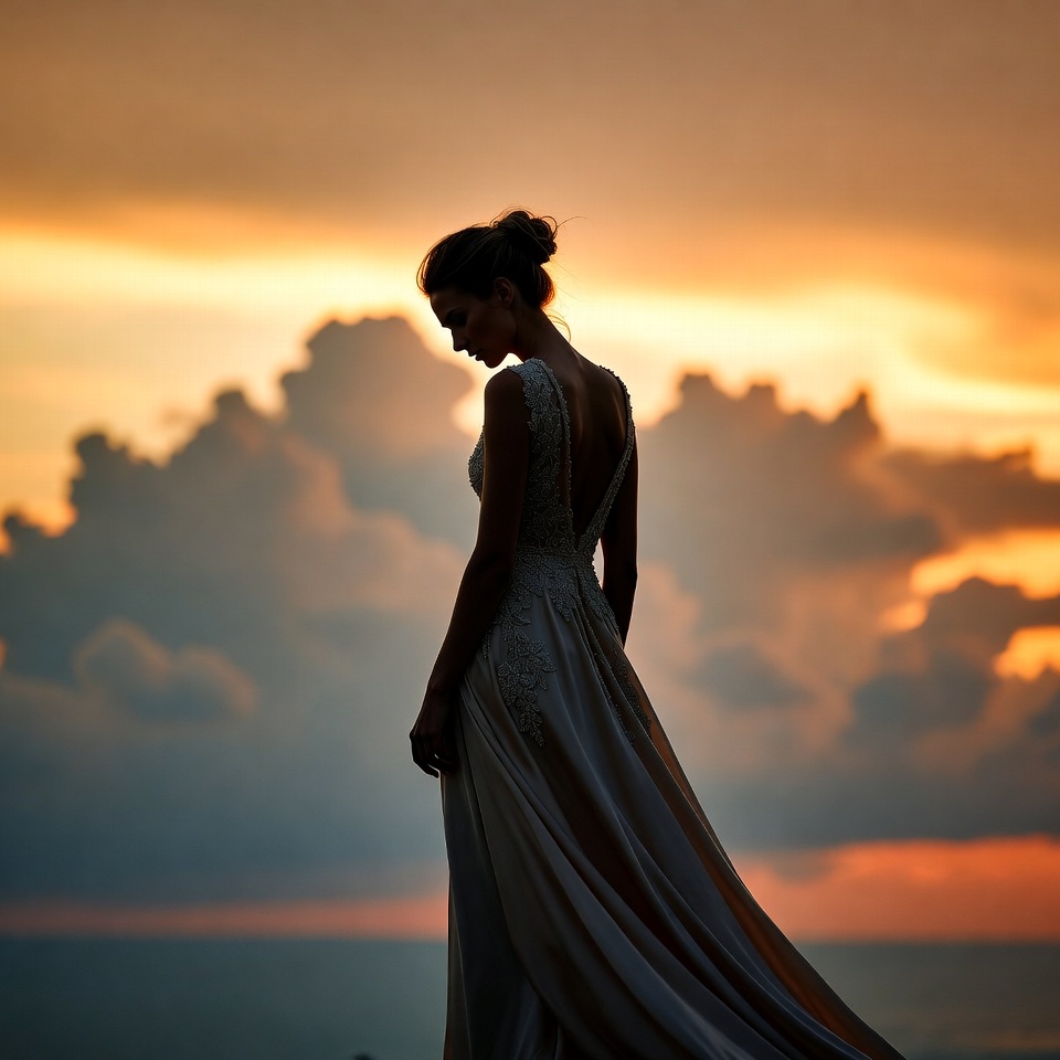 Silhouette of woman in gown at sunset Silhouette of woman in gown at sunset