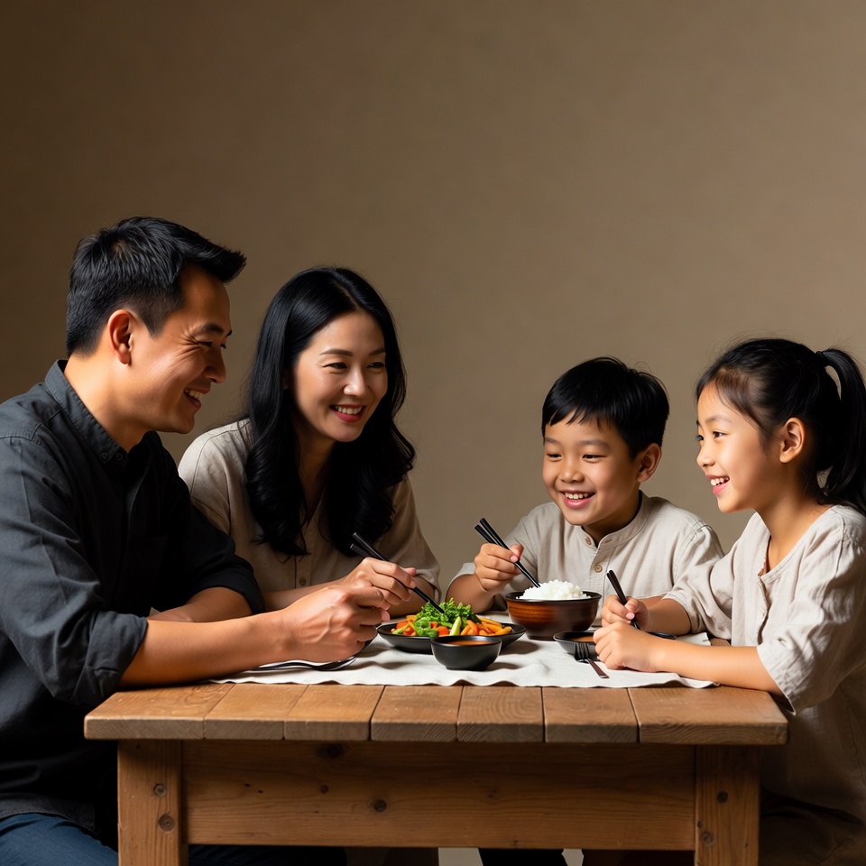 Asian family eating dinner together Asian family eating dinner together