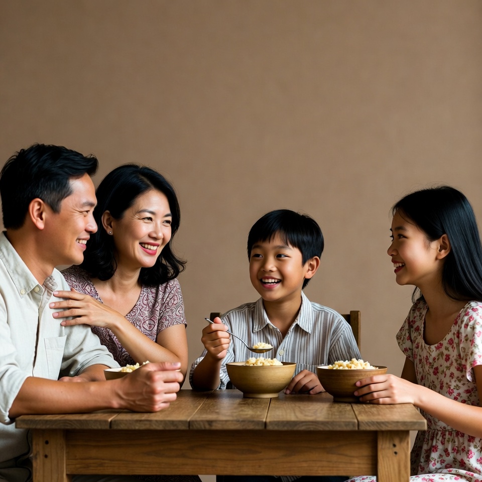 Asian family eating rice together Asian family eating rice together