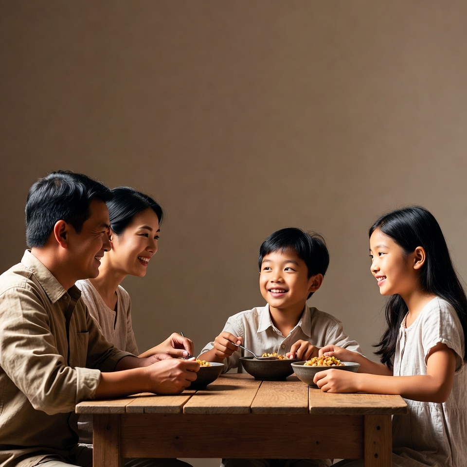 Asian family eating at wooden table Asian family eating at wooden table