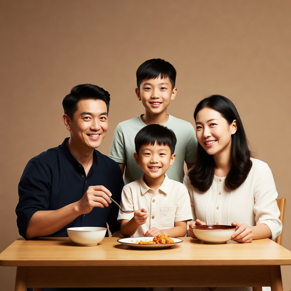 Asian family eating dinner together Asian family eating dinner together