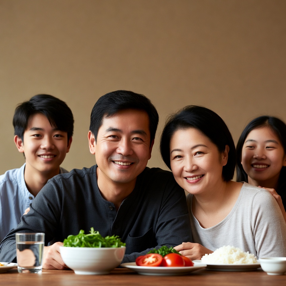 Asian family smiling at dinner table Asian family smiling at dinner table