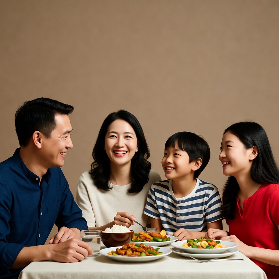 Asian family eating dinner together Asian family eating dinner together