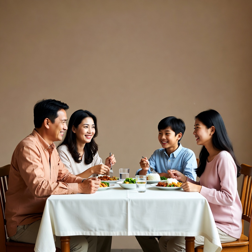 Asian family eating dinner together Asian family eating dinner together
