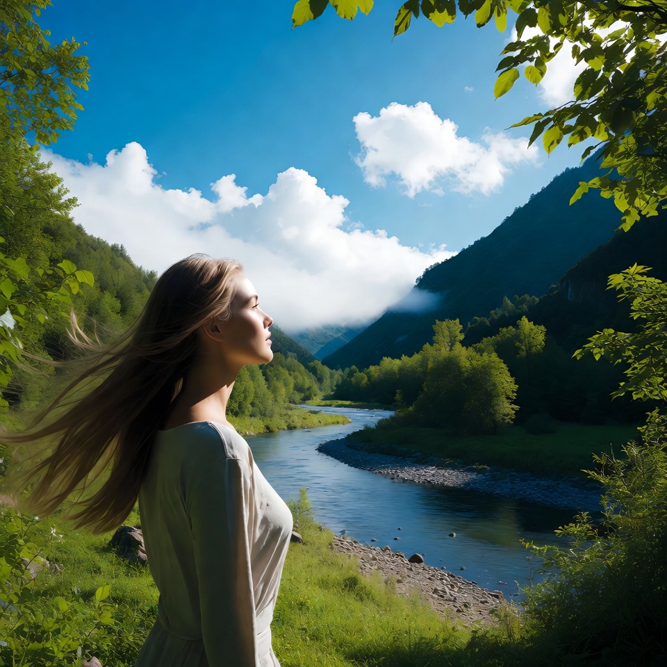 Woman gazing at mountain river valley Woman gazing at mountain river valley
