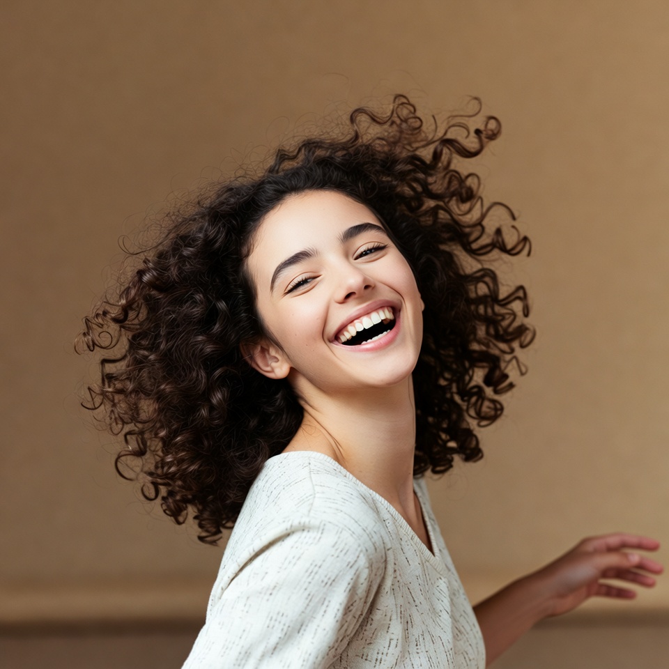 Young woman laughing with curly hair Young woman laughing with curly hair