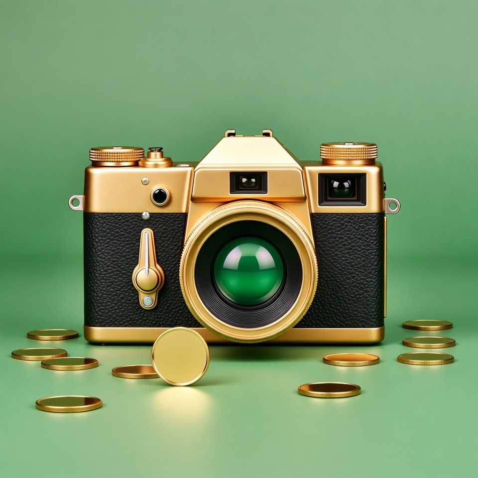 Golden Camera with Coins on Green Background Golden Camera with Coins on Green Background