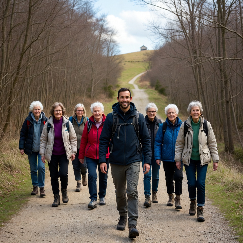 Group of seniors hiking with man on path Group of seniors hiking with man on path